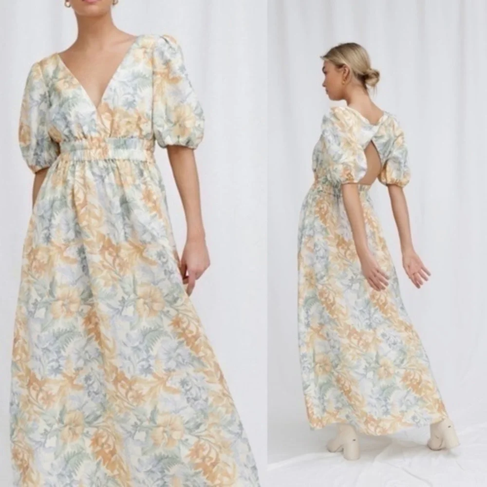 Significant Other Elina Maxi Dress Island Bouquet Floral Linen Open Back NWT 8 - Picture 3 of 14